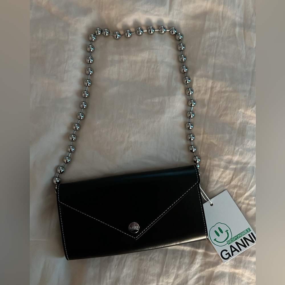 Ganni black leather envelope chain bag
